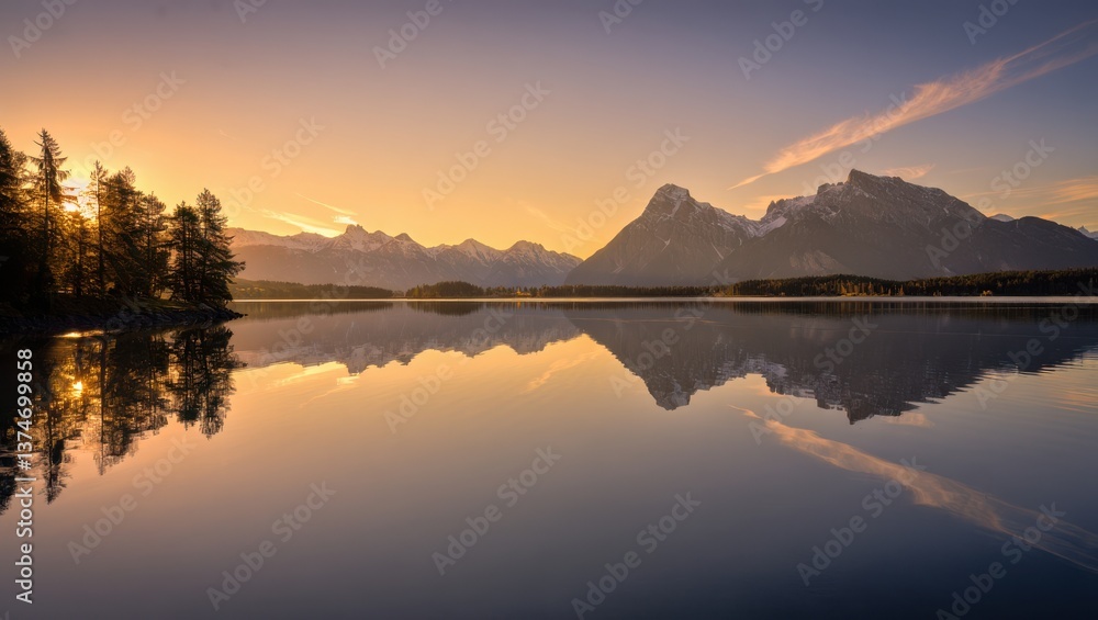 Fototapeta premium Golden light cascades over a calm lake, reflecting majestic mountains and vibrant trees at sunset. The tranquil scene captures nature's beauty and peaceful ambiance