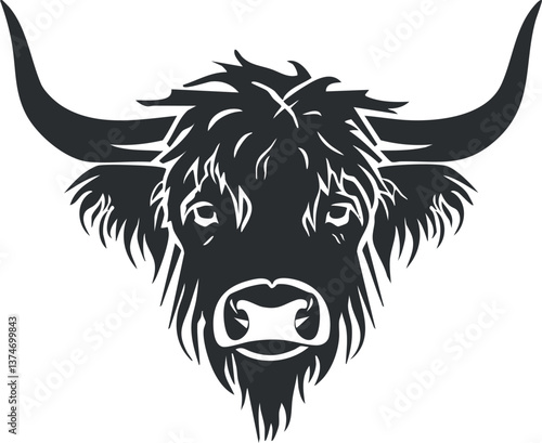 Black silhouette of a bull's head with prominent horns and shaggy fur, symbolizing strength.