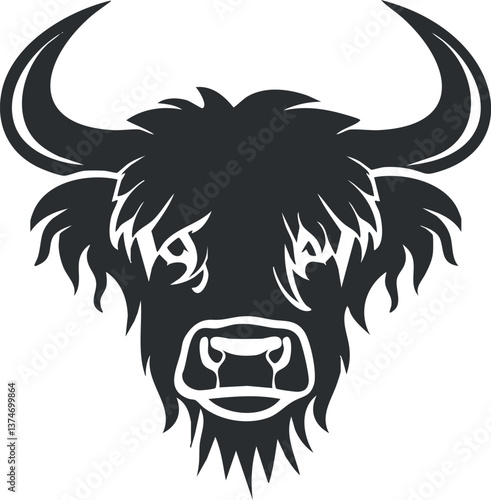 Black and white silhouette of a buffalo head with prominent horns and shaggy fur.