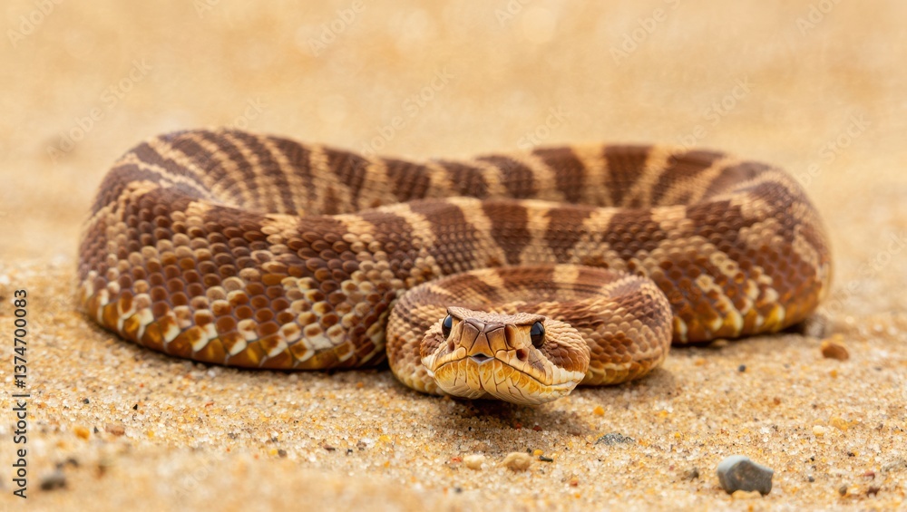 Obraz premium A patterned snake lies on sandy ground, showcasing its unique coloration and texture. The sunlight captures its intricate scales as it rests in its natural habitat