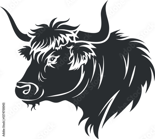 Black and white silhouette illustration of a bull with prominent horns and shaggy mane.