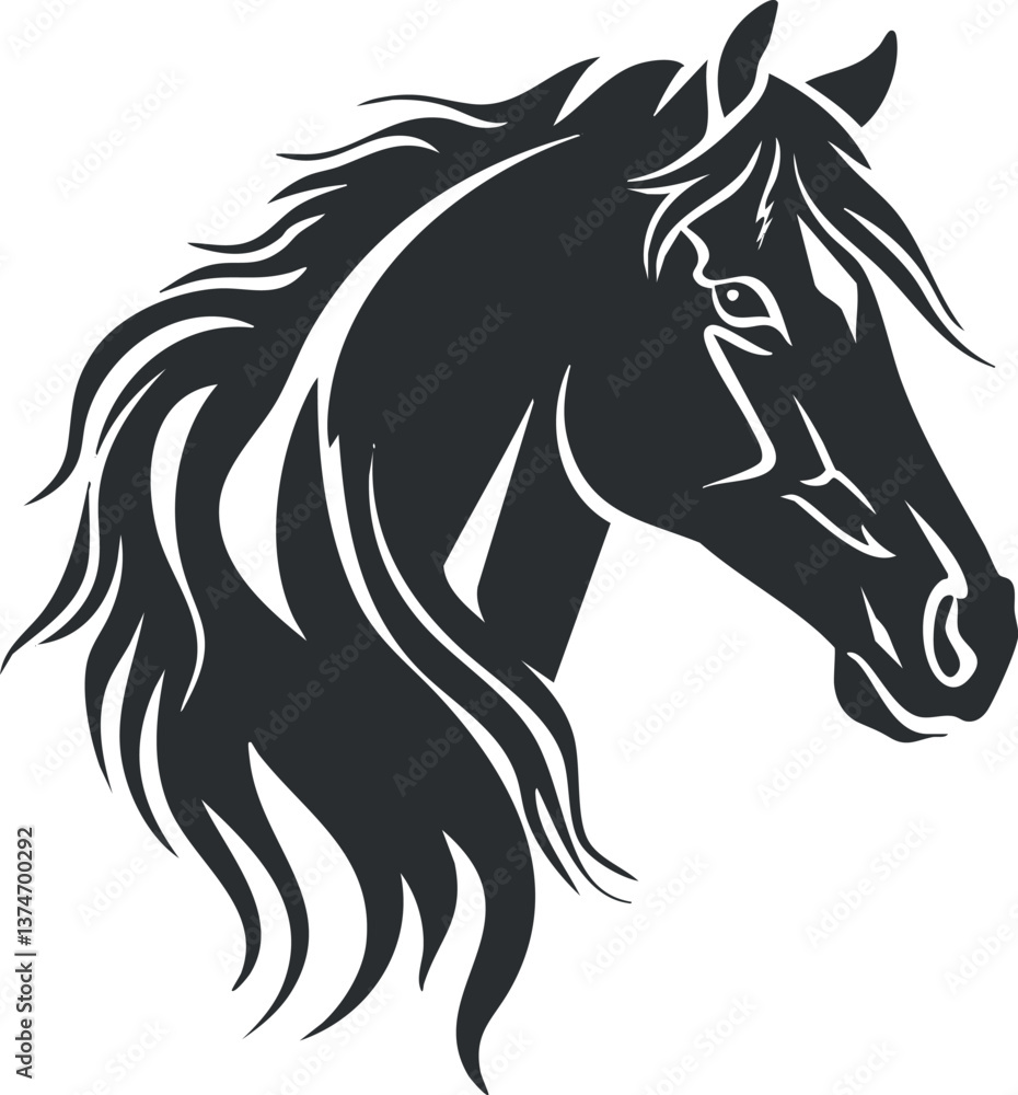 Fototapeta premium Stylized black silhouette of a horse head with flowing mane, emphasizing elegance and power.