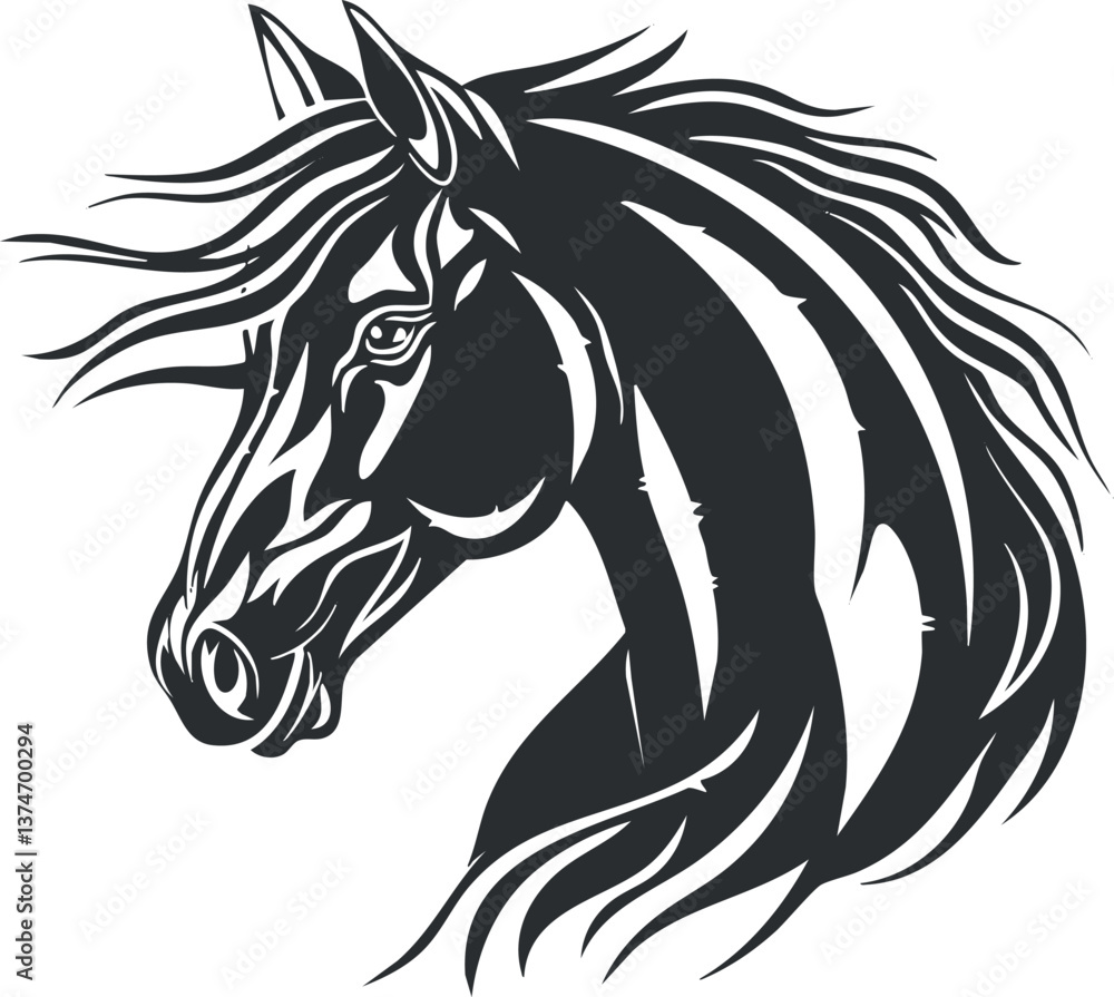 Fototapeta premium Stylized black and white horse illustration with flowing mane and detailed line work.