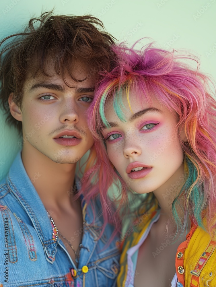 Models posing together with dyed hair and fashionable clothes Models posing together with dyed hair and fashionable clothes