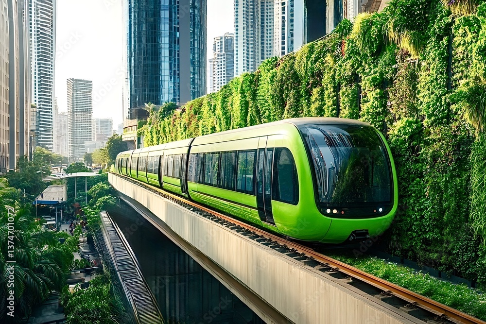 Naklejka premium Green public transport train moving in modern city with vertical garden wall