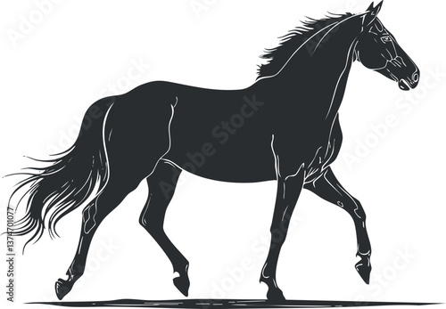 Silhouette of a galloping horse with flowing mane and tail in a dynamic pose.