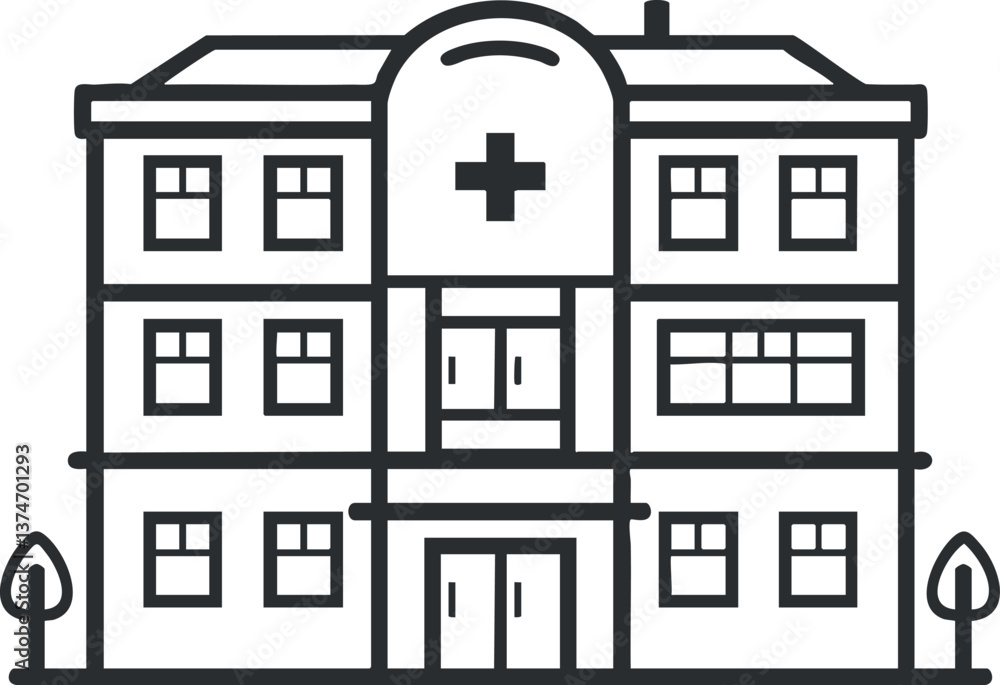 Simple line illustration of a hospital building with cross symbol on the facade. Simple line illustration of a hospital building with cross symbol on the facade.