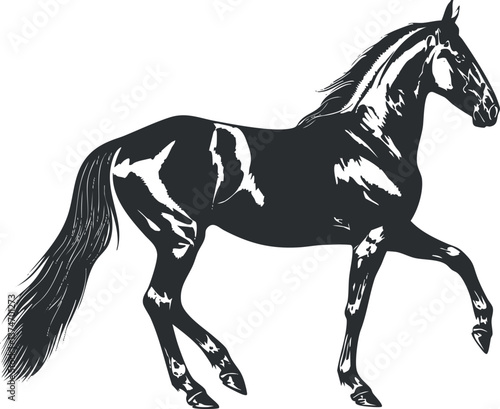 Black and white silhouette illustration of a galloping horse with flowing mane and tail.