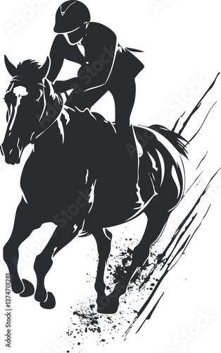 Silhouette of a horse and rider in motion, capturing dynamic equestrian sport and speed.