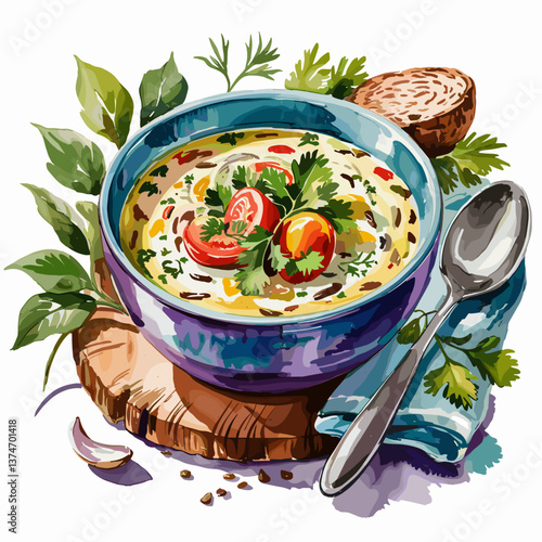 Watercolor Creamy Wild Rice Soup with Vegetables