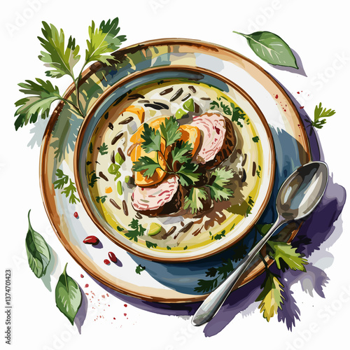 Watercolor Creamy Wild Rice Soup with Vegetables