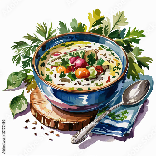 Watercolor Creamy Wild Rice Soup with Vegetables