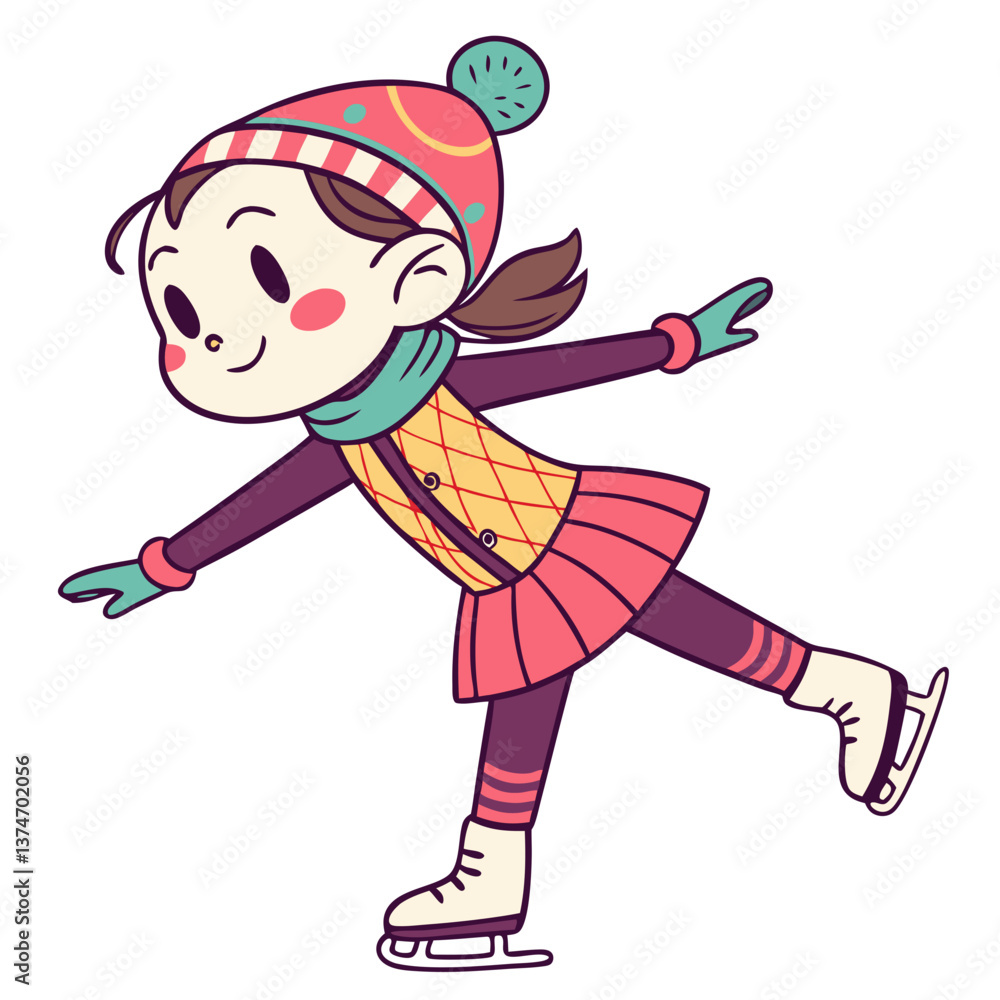 A cute girl glides gracefully on ice while ice skating, dressed in colorful winter attire, showcasing a cheerful expression in an isolated white background. She is having fun during winter activities A cute girl glides gracefully on ice while ice skating, dressed in colorful winter attire, showcasing a cheerful expression in an isolated white background. She is having fun during winter activities
