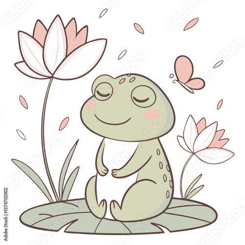 A cute frog sits cross-legged on a lush green lily pad, meditating peacefully among blooming lotus flowers and fluttering butterflies. The tranquil setting evokes calmness and joy