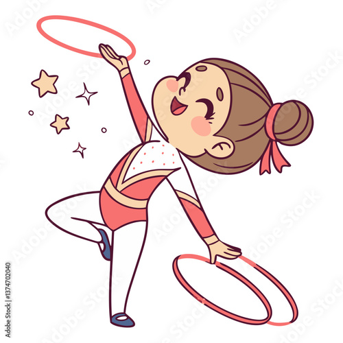 A joyful girl gymnast showcases her skills while exercising with hula hoops, surrounded by sparkling stars and a colorful background. Her cheerful expression adds charm to the scene
