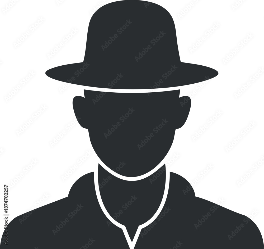 Silhouette of a man wearing a hat, symbolizing mystery or anonymity in an abstract icon. Silhouette of a man wearing a hat, symbolizing mystery or anonymity in an abstract icon.