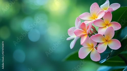 Beautiful pink frangipani flowers blooming in springtime with blurred green background