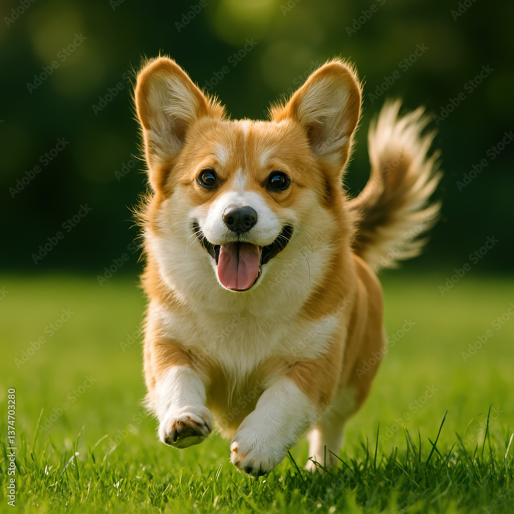 A dog is running through a grassy field. The dog is looking directly at the camera with its tongue hanging out and its tail wagging. The dog is running towards the camera. A dog is running through a grassy field. The dog is looking directly at the camera with its tongue hanging out and its tail wagging. The dog is running towards the camera.