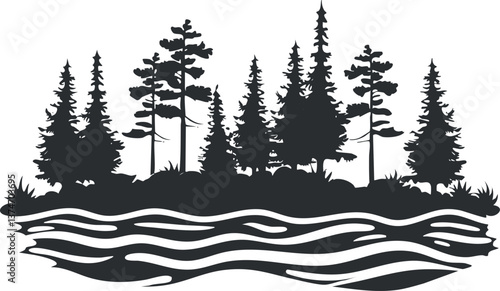Black and white silhouette of a forest landscape with trees and a flowing river.