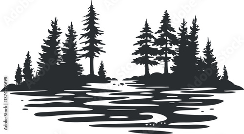 Silhouette illustration of a forest with pine trees and a lake reflection, creating a serene scene.