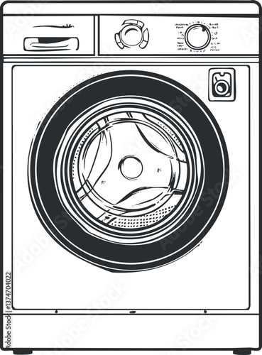 Illustration of a front-load washing machine, highlighting its design and functionality for home use.
