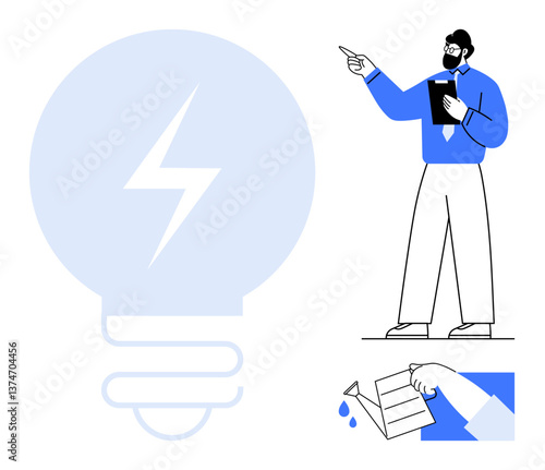 Giant light bulb symbolizes ideas, leader pointing direction, hand pours water to nurture growth. Ideal for leadership, innovation, strategy, creativity, guidance teamwork growth. Flat simple