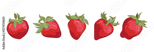 Red strawberry berry isolated on a white background. Vector set of illustrations in a simple style.