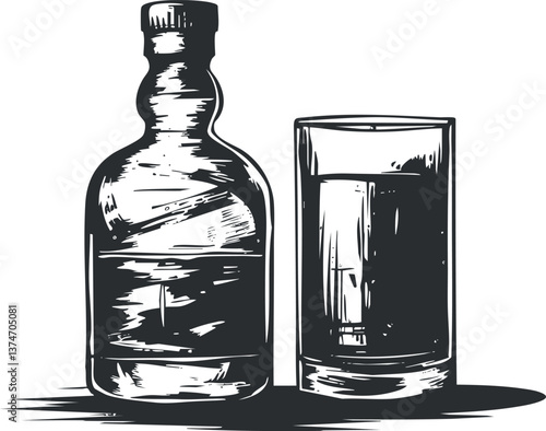 Monochrome woodcut illustration of a whiskey bottle and glass, showcasing vintage design elements.