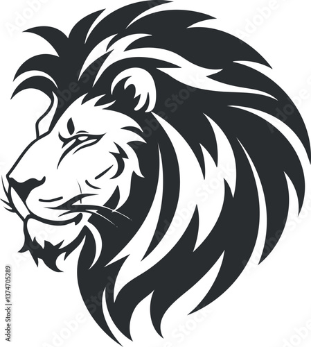 Stylized black and white lion head silhouette with detailed mane and fierce expression.