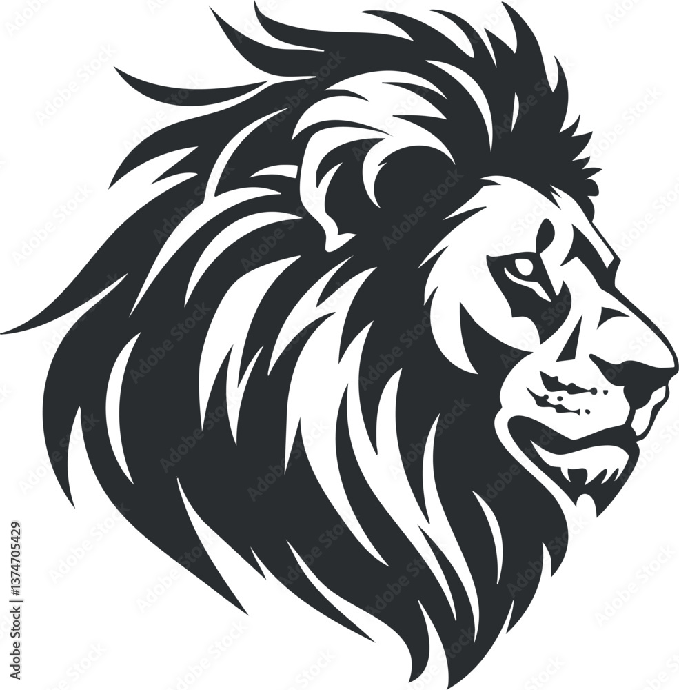 Fototapeta premium Stylized black and white illustration of a lion's head, emphasizing its majestic mane.