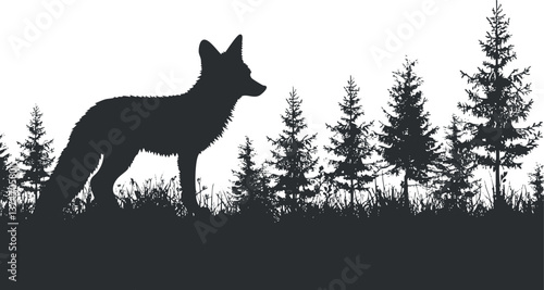 Silhouette of a wolf standing amidst pine trees in a forest setting at dusk.