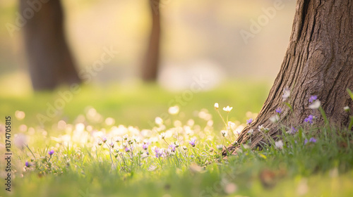 wildflowers spring to summer in the grass between trees