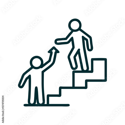 Two figures helping each other to climb stairs in a line art style  