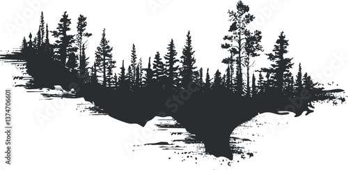 Black and white silhouette of a forest landscape with tall trees and textured brush strokes.