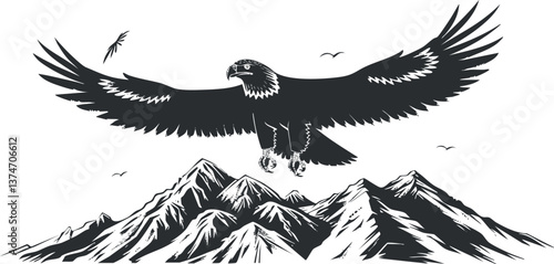 Silhouette of an eagle soaring over mountain peaks, capturing the essence of freedom and nature.