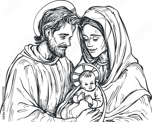 Black and white illustration of the Holy Family, depicting Mary, Joseph, and baby Jesus.