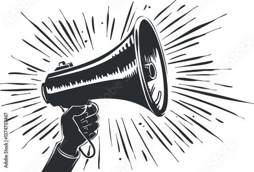 Hand holding a megaphone with a burst effect, symbolizing communication and broadcasting.