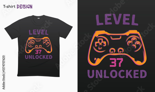 "Level 37 Unlocked" Retro vintage controller design. Funny birthday gaming style T-shirt template design. Eps 10 vector	