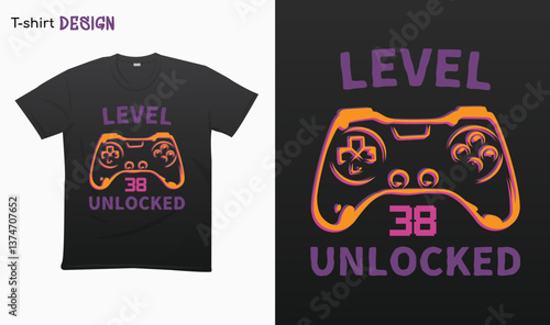 "Level 38 Unlocked" Retro vintage controller design. Funny birthday gaming style T-shirt template design. Eps 10 vector	