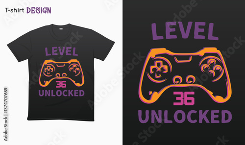 "Level 36 Unlocked" Retro vintage controller design. Funny birthday gaming style T-shirt template design. Eps 10 vector	