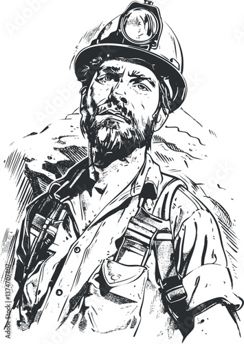 Black and white illustration of a miner wearing a helmet, showcasing determination and strength.