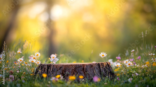 wildflowers spring to summer in the grass arround tree stump