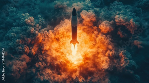 Rocket launching leaving fire and smoke trail through clouds