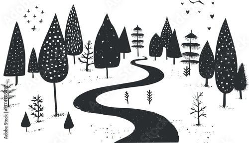Monochrome illustration of a winding path through a stylized forest with various trees.