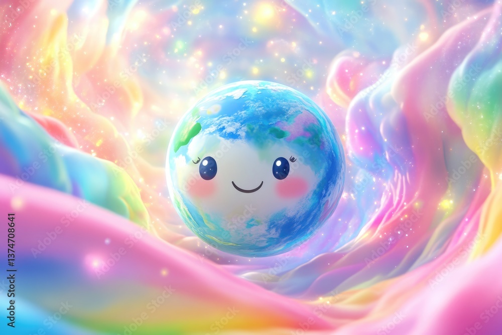 Fototapeta premium A cute, smiling Earth floats amidst pastel clouds and sparkling stars, radiating joy and peace.