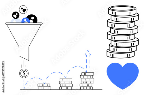 Funnel with users converting into coins, stacks of growing coins, upward arrow, blue heart. Ideal for marketing, sales, business growth, customer retention, revenue analytics flat simple metaphor