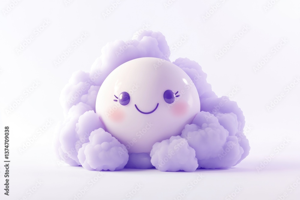 A cute, smiling, 3D rendered character nestled in fluffy purple clouds. A cute, smiling, 3D rendered character nestled in fluffy purple clouds.