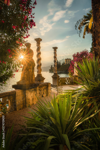 Villa Monastero, Varenna village. Beautiful sunset with clouds in Alps mountains. Epic blue lake near Milan, mountain, exotic garden, colorful flowers. Premium landscape from nature, Lombardy, Italy