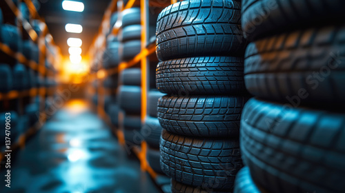 Car tires stacked high in warehouse storage area with dramatic lighting