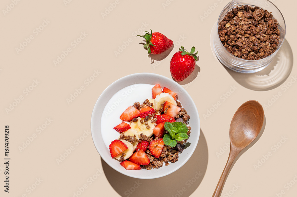 Greek yogurt with chocolate granola, strawberries and banana in a bowl on a beige background Greek yogurt with chocolate granola, strawberries and banana in a bowl on a beige background
